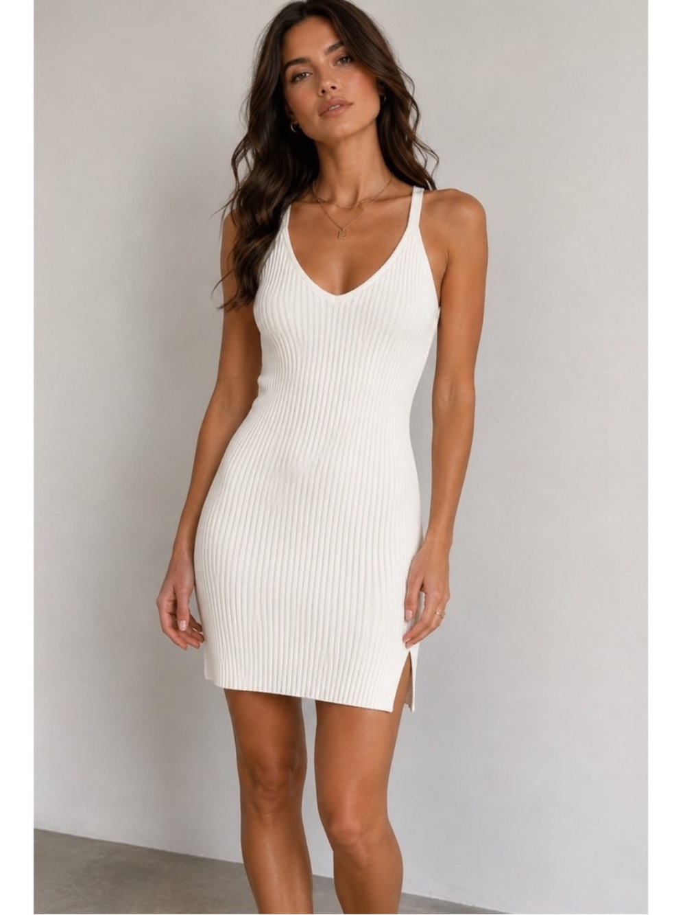 BCBGMaxAzria Cream Ribbed V-Neck Tank Dress